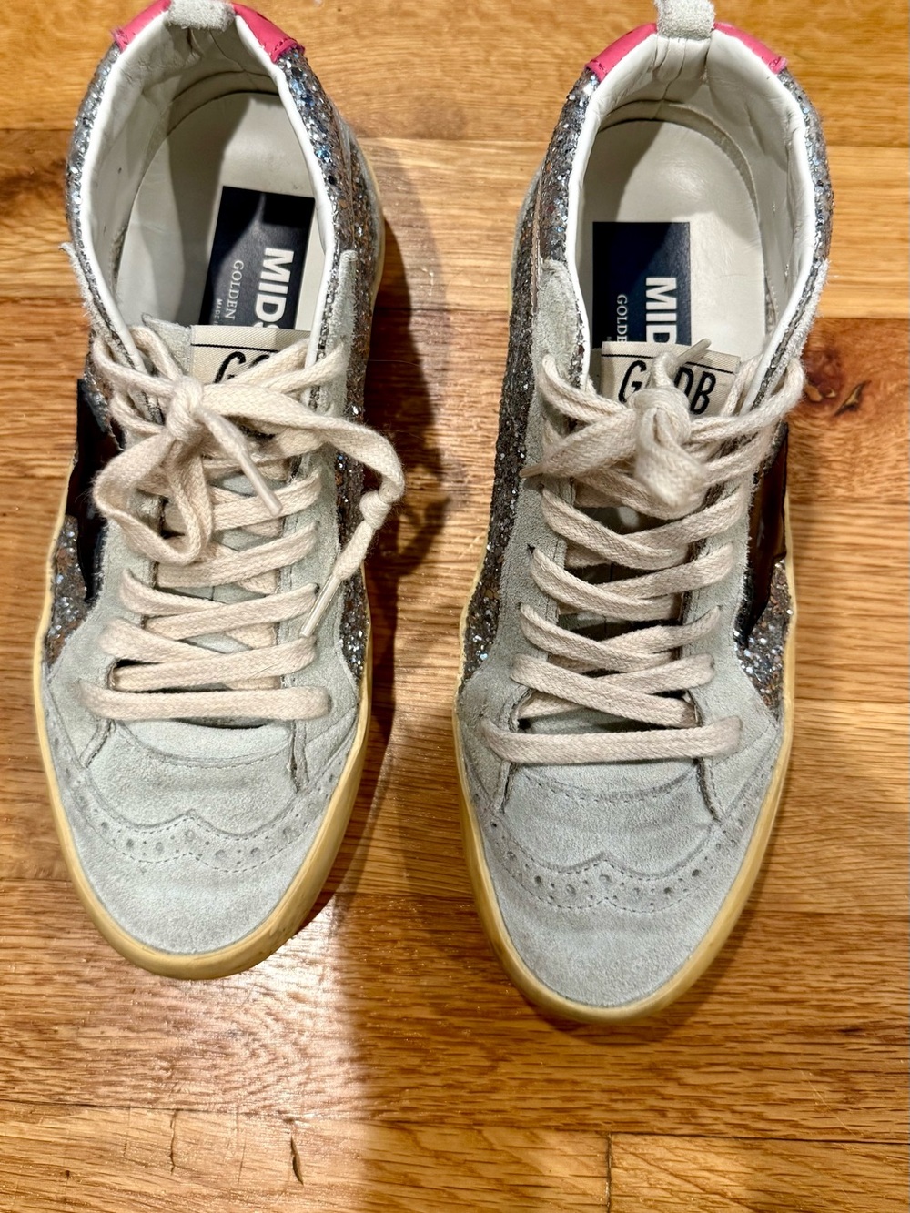 Golden Goose Women’s Mid Star Sneakers in Silver Glitter, Cream, and Pink